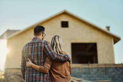 Couple viewing a house under construction from the exterior